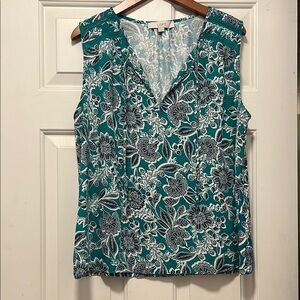 LOFT Sleeveless Mixed Media Top with V-Neck and Floral Design